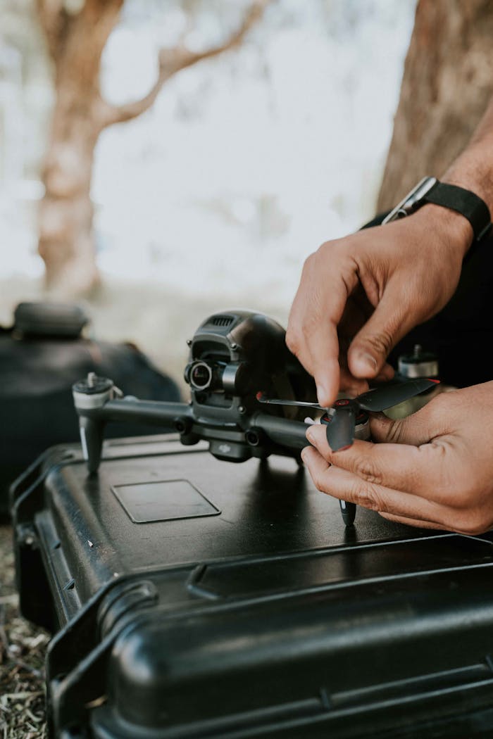Close-up of hands assembling a drone outdoors on a protective case, showcasing precision.